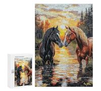 Teenager Jigsaw Puzzles 300 PCS Horses Sunset Reflection Stream Jigsaw for Teenagers Hand Speed Race Difficult And Challenge Challenging Family Fun Game 300 PCS
