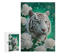 Teenager Jigsaw Puzzles 300 PCS White Tiger with Roses Adult Jigsaw Puzzles Staycation Kill Time Parent-child Interaction Toy Intellectual Game 300 PCS