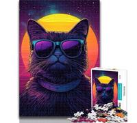 Teenager Jigsaw Synthwave Purple Cat Adult Jigsaws 1000 Pieces Difficult,Vibrant And Unique Design Relaxing & Challenging Puzzle Experience 26x38cm
