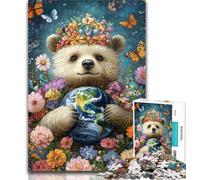 Teenager Jigsaw Teddy Bear Holding The Earth 1000 Piece Jigsaw Puzzles for Teenagers Gifts,Toys Educational Games Stress Relieving Enhance Love between Couples 50x75cm