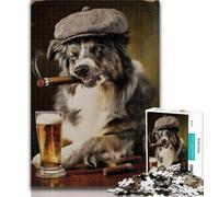 Teenager Puzzles Australian Shepherd Dog Smoking Jigsaw Puzzles for Adults 1000 Piece,Decompressing Intellectual Educational Toy Birthday Present, Gifts 26x38cm