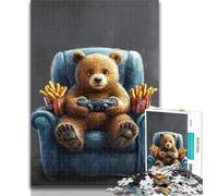 Teenager Puzzles Bear Eating French Fries Adult Puzzles 1000 Pieces,Toys Educational Games Stress Relieving Parent-child Interaction 75x50cm