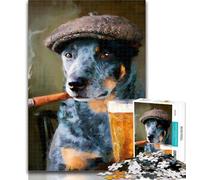 Teenager Puzzles Blue Heeler Dog Smoking Jigsaw Puzzles for Adults 1000 Pieces,Birthday Gift Idea for Adults, Family Game And Hobby 26x38cm