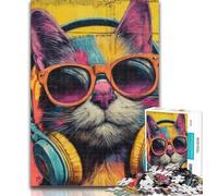Teenager Puzzles Cat Wearing Headphones 1000 Piece Jigsaw Puzzle for Adults Teens,Charcoal Art Staycation Kill Time for Home Decoration 26x38cm