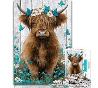 Teenager Puzzles Highland Cow And Butterfly 1000 Pieces Jigsaw Puzzles for Adults And Teens,Educational Game for Birthday, Chrismas for Ages 14+ 26x38cm