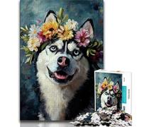 Teenager Puzzles Husky Wearing Flowers Jigsaw Puzzles for Adults 1000 Piece,Decompressing Intellectual Educational Toy Birthday Present, Gifts (26x38cm)