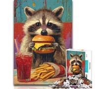 Teenager Puzzles Raccoon Eating A Hamburger Jigsaw Puzzles for Teenagers 1000 Piece,Vibrant And Unique Design Relaxing & Challenging Puzzle Experience 50x75cm