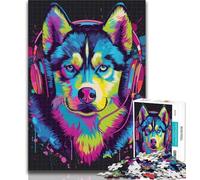 Teenager Puzzles Siberian Husky with Headphones Jigsaw Puzzles for Teenagers,with Fully Interlocking Randomly Shaped Pieces for And 14 Years Old 50x75cm