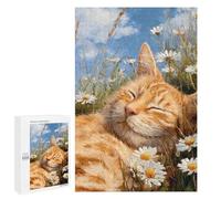 Teenagers 1000 PCS Jigsaw Puzzle Sleepy Orange Cat in Daisies -1 Jigsaw Puzzles for Adults Staycation Kill Time Parent-child Interaction Family Fun & Game Night 1000 PCS