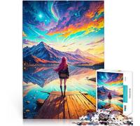 teenagers 1000 Piece Jigsaw Puzzle Anime Girl Gazing at Sunset Mountains Analyse und Logik Perfekte Dekoration38x26cm