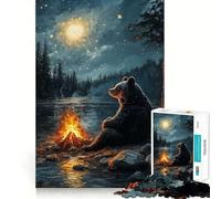 Teenagers 1000 Piece Jigsaw Puzzle Bear by Campfire Under Starry Night Smooth Cut Art Mind Game Gift Relax Play Time Christmas Leisure Art (50x75cm)