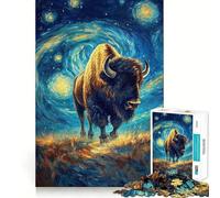 Teenagers 1000 Piece Jigsaw Puzzle Bison in Starry Night Style Smooth Cut Art Mind Game Gift Relax Play Time Christmas Leisure Art (50x75cm)