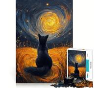 Teenagers 1000 Piece Jigsaw Puzzle Black Cat Gazing at Swirling Sky Clean Edge Game Cognitive Teaser Toy Idle Play Game Xmas Decor Gift (38x52cm)