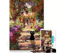 Teenagers 1000 Piece Jigsaw Puzzle Black Cat in Monet's Garden Exact Edge Art, Logic Skill Play, Calm Fun Time, Christmas Art Gift (50x75cm)