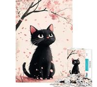 Teenagers 1000 Piece Jigsaw Puzzle Black Cat Under Cherry Blossoms Toys Educational Games Brain Teaser Game Suitable for Couples Funny Gifts (Size 38x26cm)