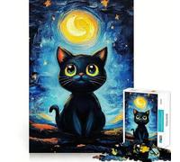 Teenagers 1000 Piece Jigsaw Puzzle Black Cat Under The Moon Exact Edge Art, Logic Skill Play, Calm Fun Time, Christmas Art Gift (38x26cm)