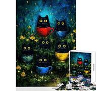 Teenagers 1000 Piece Jigsaw Puzzle Black Cats in Teacups Painting Fun Games Precision Cutting Home Decoration Toys Stress Reduction Gifts (38x52cm)