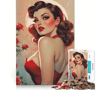 Teenagers 1000 Piece Jigsaw Puzzle Brunette Pin-up Red Roses Clean Edge Game Cognitive Teaser Toy Idle Play Game Xmas Decor Gift (50x75cm)