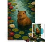 Teenagers 1000 Piece Jigsaw Puzzle Capybara in A Lily Pond Clean Edge Game Cognitive Teaser Toy Idle Play Game Xmas Decor Gift (38x52cm)