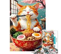 Teenagers 1000 Piece Jigsaw Puzzle Cat Eating Ramen Teenager Puzzles DIY Toys Difficult Challenge Fun at Home Activities, (Size 38x26cm)