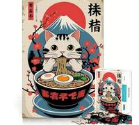 Teenagers 1000 Piece Jigsaw Puzzle Cat Eating Ramen with Mount Fuji Clean Edge Game Cognitive Teaser Toy Idle Play Game Xmas Decor Gift (38x52cm)