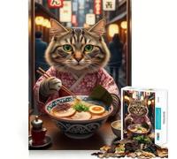 Teenagers 1000 Piece Jigsaw Puzzle Cat in Kimono Eating Ramen Clean Edge Game Cognitive Teaser Toy Idle Play Game Xmas Decor Gift (50x75cm)