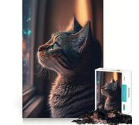 Teenagers 1000 Piece Jigsaw Puzzle Cat Looks Out The Window Clean Edge Game Cognitive Teaser Toy Idle Play Game Xmas Decor Gift (50x75cm)