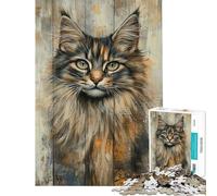 Teenagers 1000 Piece Jigsaw Puzzle Cat Portrait on Wood Panel Jigsaw for Adults Fun Games Analysis And Logic Christmas Birthday Gifts (Size 38x52cm)