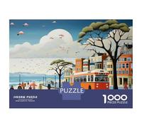 Teenagers 1000 Piece Jigsaw Puzzle City Life Vibrant Urban Scene with People Walking, Bus, And Ocean View Puzzles for Adults Family Games Improve Memory Challenging Game Gifts 70x50cm/1000pcs