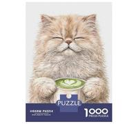 Teenagers 1000 Piece Jigsaw Puzzle Fluffy Cat Enjoying Matcha Latte Jigsaws for Adults Fun Games But Fun And Humorous Unique Birthday And Xmas Gifts 38x26cm/1000pcs