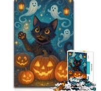 Teenagers 1000 Piece Jigsaw Puzzle Halloween Cat with Pumpkins And Ghosts Staycation Kill Time Birthday Gifts for Ages 14 And over 50x75cm