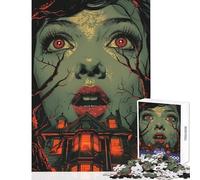 Teenagers 1000 Piece Jigsaw Puzzle Haunted House with Terrified Woman And Glowing Eyes Impossible Game Perfect Decoration Educational Toy Stress Reduction Gifts (38x52cm)