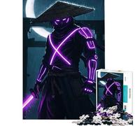 Teenagers 1000 Piece Jigsaw Puzzle Neon Samurai Warrior in The Rain for Educational Game Challenge Toy Educational Game Stress Reliever Gifts Birthday (Size 38x52cm)