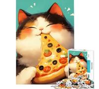 Teenagers 1000 Piece Jigsaw Puzzle Pizza Loving Calico Cat Difficult And Challenge Precision Cutting DIY Toys Suitable for Ages 14 And Up (50x75cm)