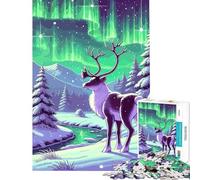Teenagers 1000 Piece Jigsaw Puzzle Reindeer Under Aurora Borealis Difficult And Challenge Precision Cutting DIY Toys Suitable for Ages 14 And Up (38x52cm)
