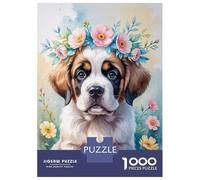 Teenagers 1000 Piece Jigsaw Puzzle Saint Bernard Puppy with Flower Crown Watercolor Puzzles for Adults Relax Games Pattern Assembly Fun at Home Activities, 70x50cm/1000pcs