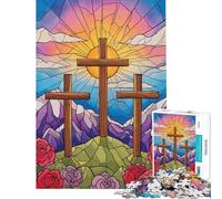 Teenagers 1000 Piece Jigsaw Puzzle Three Crosses Stained Glass Illustration Difficult And Challenge Analysis And Logic Hands-on Game for And from 14 Years And over (38x52cm)