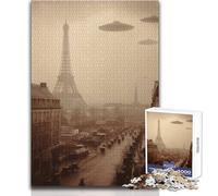 Teenagers 1000 Piece Jigsaw Puzzle UFOs Over Paris Retro Image Ideal for Cozy Downtime Fine Precision Die Cut Play Toy Size 50x75cm