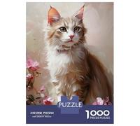 Teenagers 1000 Piece Jigsaw Puzzle White Cat with Pink Flowers Puzzles for Adults Relax Games Pattern Assembly Fun at Home Activities, 38x26cm/1000pcs