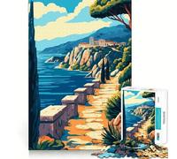 Teenagers 1000 Pieces Puzzle Ancient Greek Mediterranean Coastline Minimalist Art Illustration Smooth Cut Play Logic Game Play Restful Play Time Birthday Hobby Gift (50x75cm)