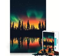 Teenagers 1000 Pieces Puzzle Aurora Borealis over Forest Reflection Neat Cut Decor Cognitive Game Toy Free Time Play Christmas Calm Gift (38x52cm)