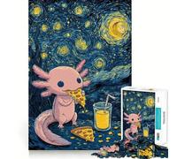 Teenagers 1000 Pieces Puzzle Axolotl Eating Pizza Under Starry Night Neat Cut Decor Cognitive Game Toy Free Time Play Christmas Calm Gift (38x52cm)