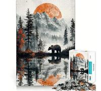 Teenagers 1000 Pieces Puzzle Bear in Mountain Lake Landscape Smooth Joint Fun Cognitive Fun Play Casual Game Time Festive Leisure Gift (38x52cm)