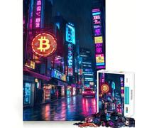 Teenagers 1000 Pieces Puzzle Bitcoin Neon Cityscape Perfect Joint Game Cognitive Play Gift Restful Game Fun Birthday Activity (50x75cm)