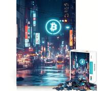 Teenagers 1000 Pieces Puzzle Bitcoin Neon Sign Cityscape Perfect Joint Game Cognitive Play Gift Restful Game Fun Birthday Activity (50x75cm)