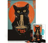 Teenagers 1000 Pieces Puzzle Black Cat Eating Ramen Poster Perfect Joint Game Cognitive Play Gift Restful Game Fun Birthday Activity (38x52cm)
