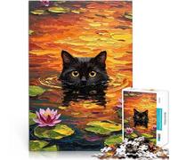 teenagers 1000 Pieces Puzzle Black Cat in Water Lilies Intellektuelles Spiel Künstlersammlung, Bildende Kunst75x50cm