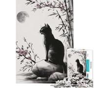Teenagers 1000 Pieces Puzzle Black Cat Under Moonlit Cherry Blossoms Brain Intelligence Challenge Addictive Toys Relaxing Games For Family Fun Art Work Gifts (Size 38x52cm)
