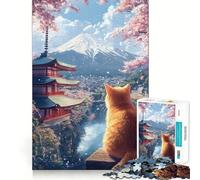 Teenagers 1000 Pieces Puzzle Cat Gazing at Mount Fuji, Japan Fine Cut Art Focus Training Fun Quiet Time Game Christmas Fun Gift (38x26cm)