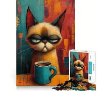Teenagers 1000 Pieces Puzzle Cat Morning Coffee Fine Cut Art Focus Training Fun Quiet Time Game Christmas Fun Gift (50x75cm)